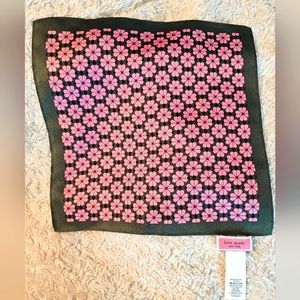 Kate Spade 100% Silk Square Scarf Hunter Green Pink Heart Flowers NWOT